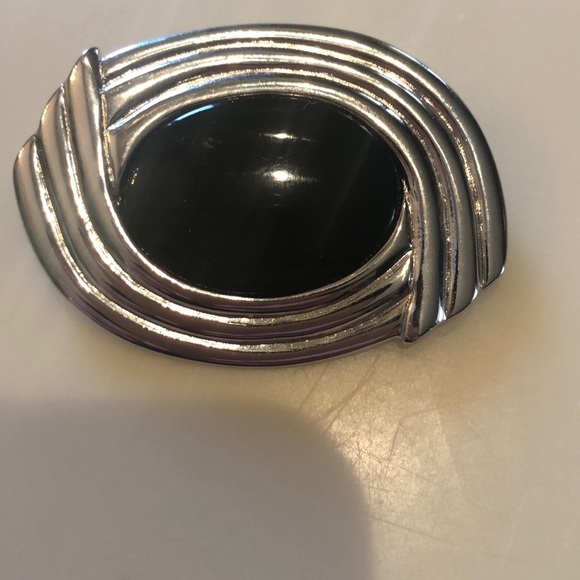 Vintage Napier Brooch faux black cabochon lucite oval silver signed deco - Picture 3 of 5